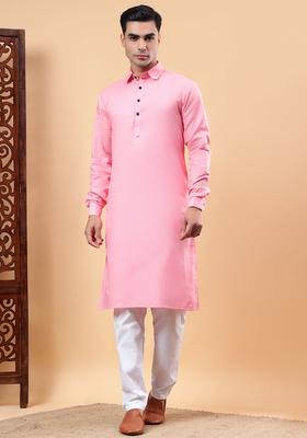 Peach Solid Cotton Kurta Set For Men