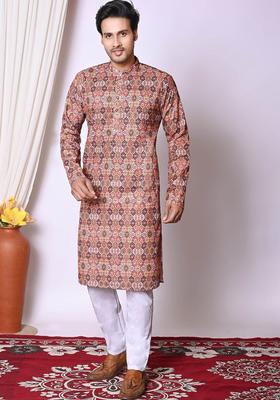 Peach Embroidered Cotton Kurta Set For Men