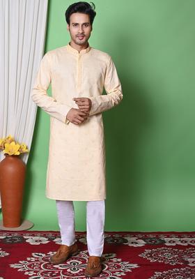 Beige Embroidered Cotton Kurta Set For Men
