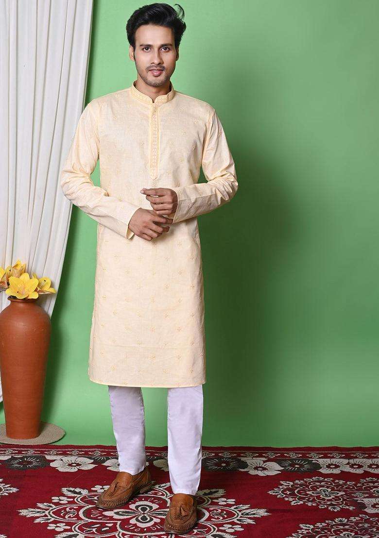 Beige Embroidered Cotton Kurta Set For Men - Indya