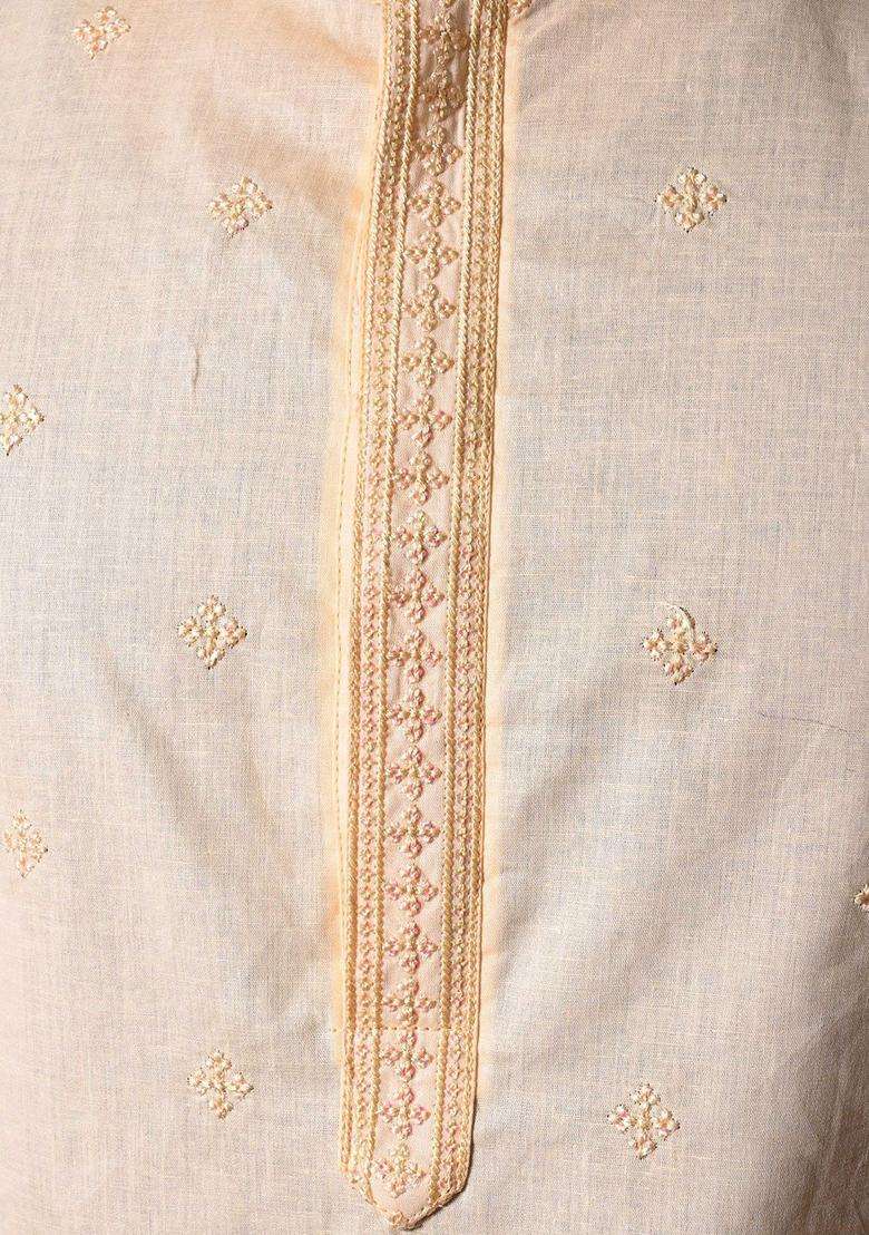 Beige Embroidered Cotton Kurta Set For Men - Indya