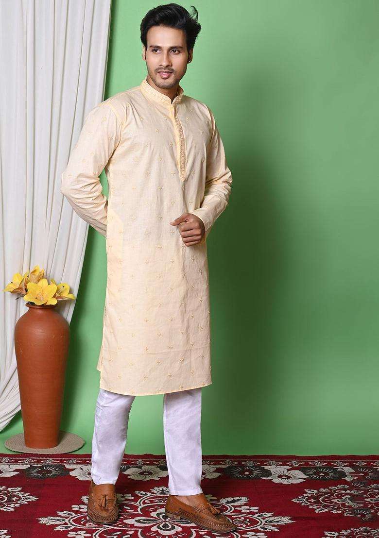 Beige Embroidered Cotton Kurta Set For Men - Indya
