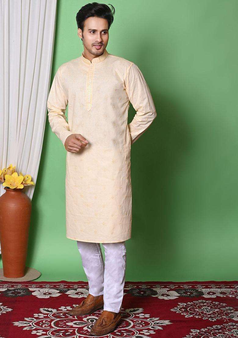 Beige Embroidered Cotton Kurta Set For Men - Indya