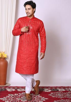 Red Embroidered Cotton Kurta Set For Men