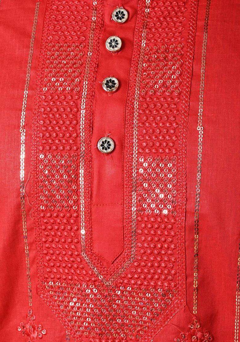 Red Embroidered Cotton Kurta Set For Men - Indya