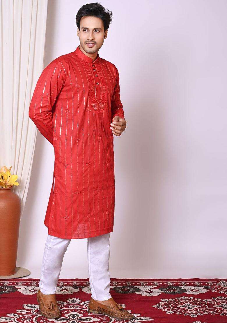 Red Embroidered Cotton Kurta Set For Men - Indya