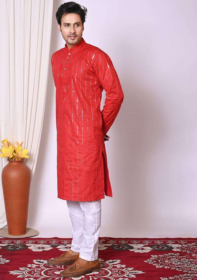 Red Embroidered Cotton Kurta Set For Men - Indya