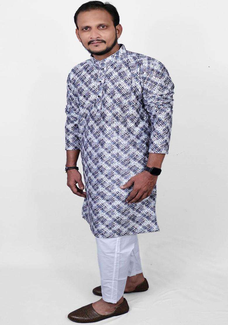 Grey Printed Viscose Kurta Set For Men - Indya
