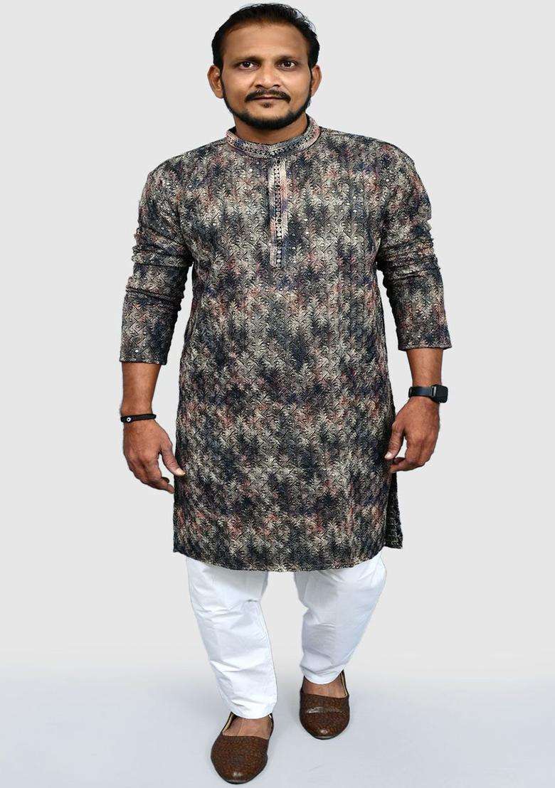 Green Embroidered Viscose Kurta Set For Men - Indya