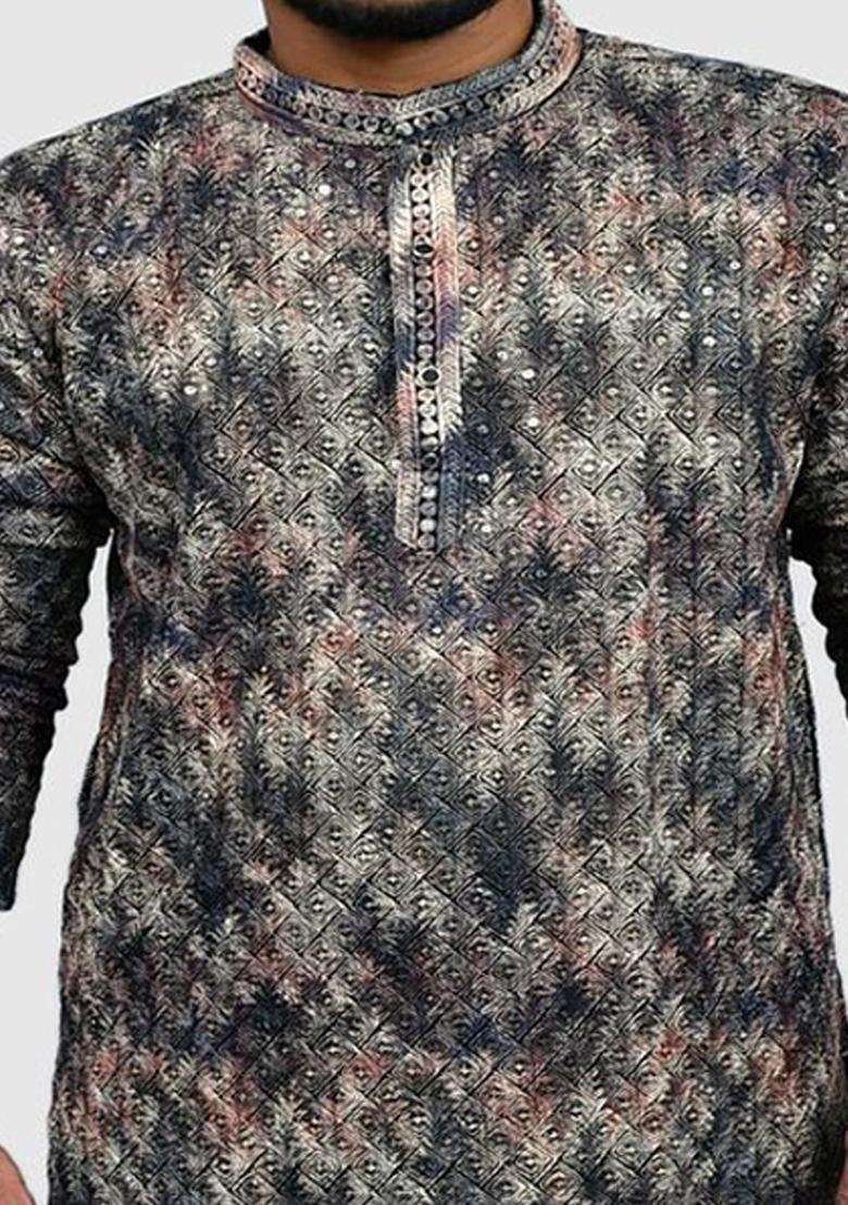 Green Embroidered Viscose Kurta Set For Men - Indya