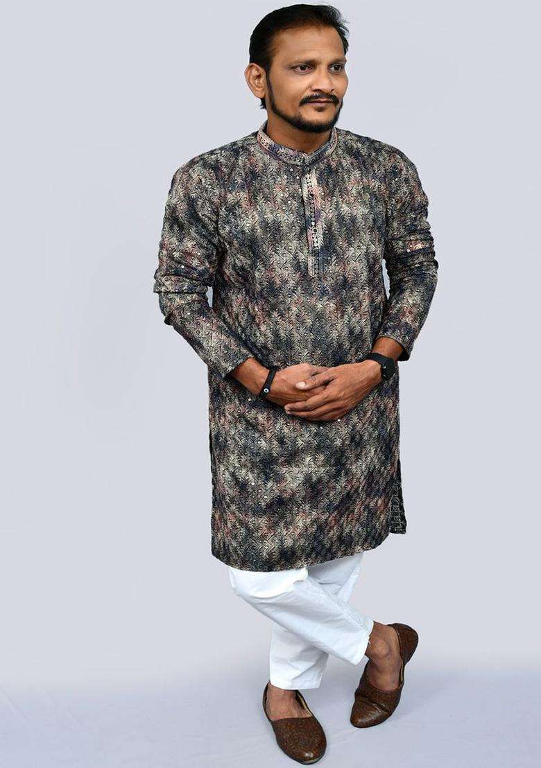 Green Embroidered Viscose Kurta Set For Men - Indya