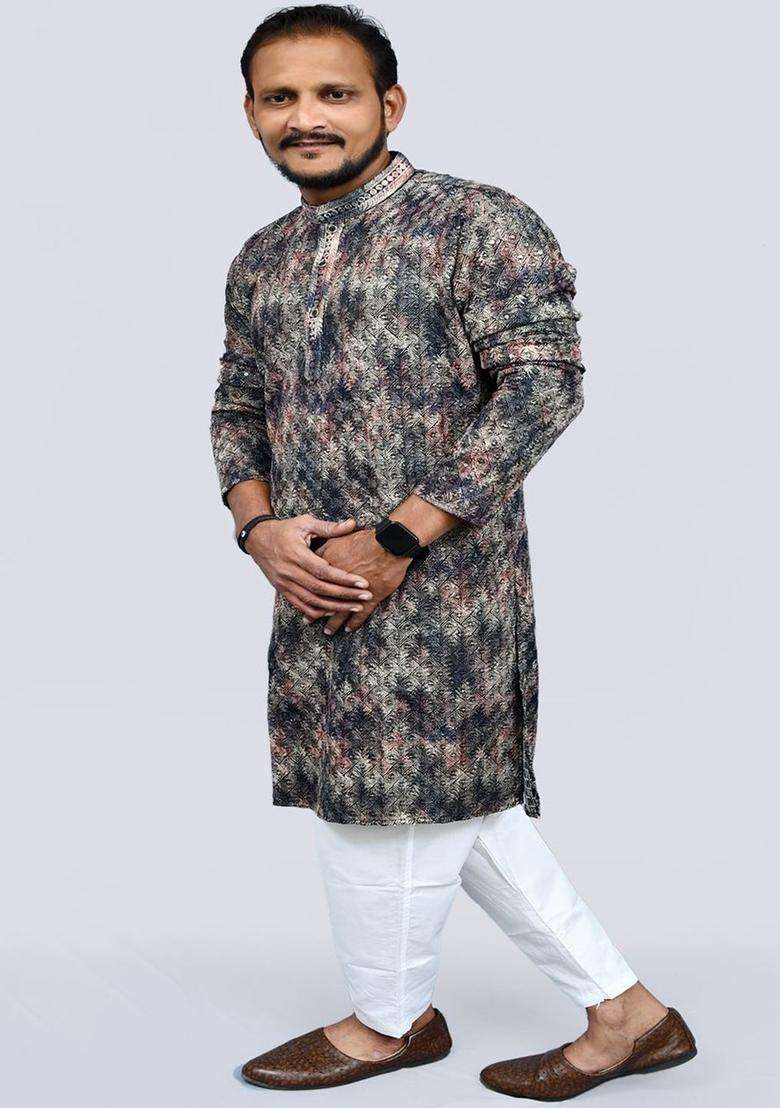 Green Embroidered Viscose Kurta Set For Men - Indya
