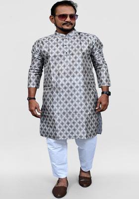 Grey Printed Cotton Kurta Set For Men