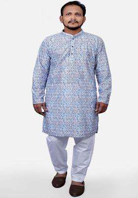 Blue Printed Viscose Kurta Set For Men