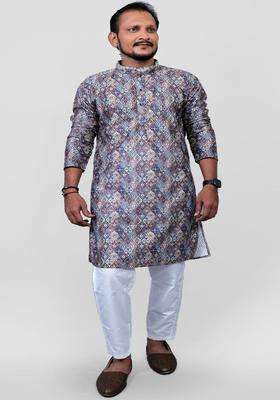Blue Printed Viscose Kurta Set For Men