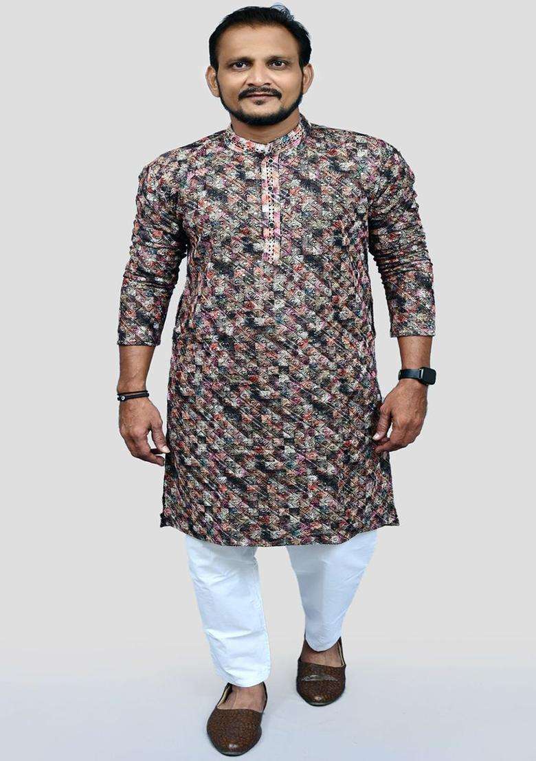 Red Embroidered Viscose Kurta Set For Men - Indya