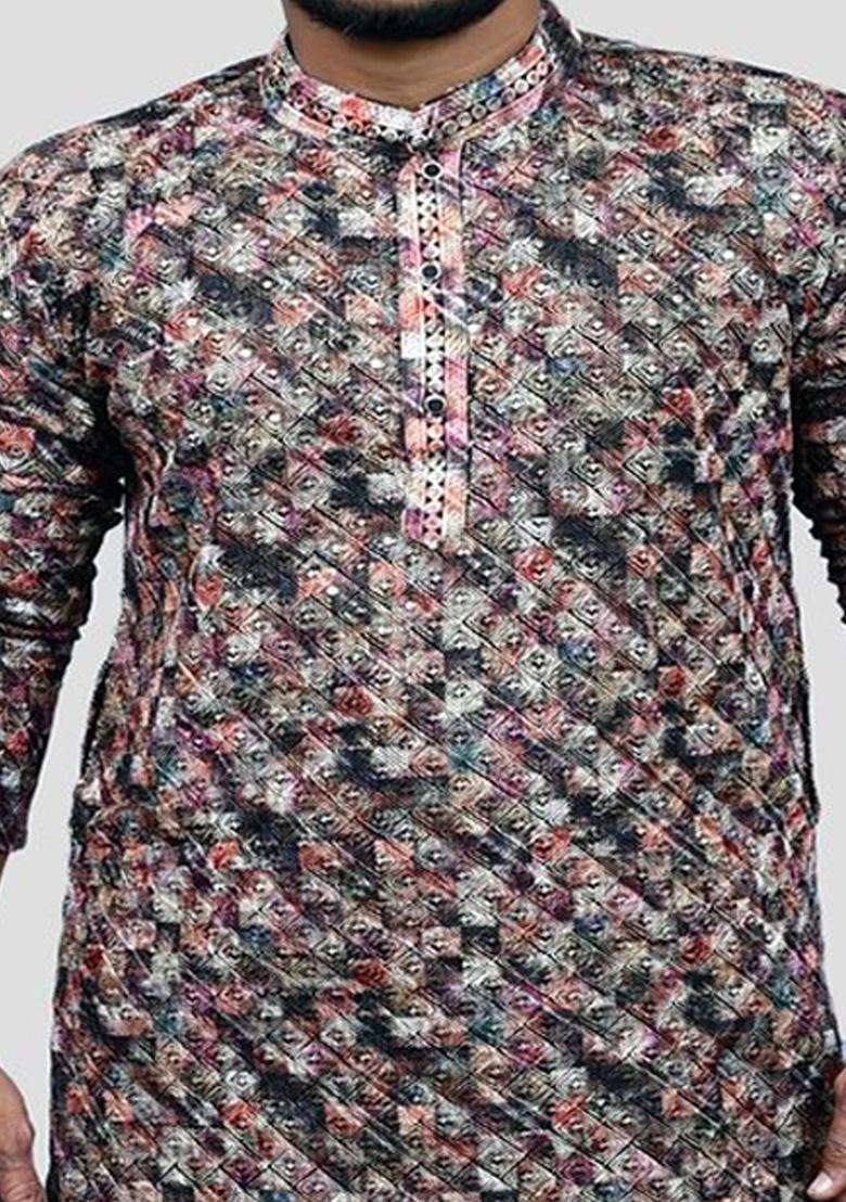 Red Embroidered Viscose Kurta Set For Men - Indya