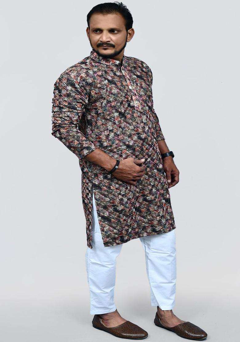 Red Embroidered Viscose Kurta Set For Men - Indya