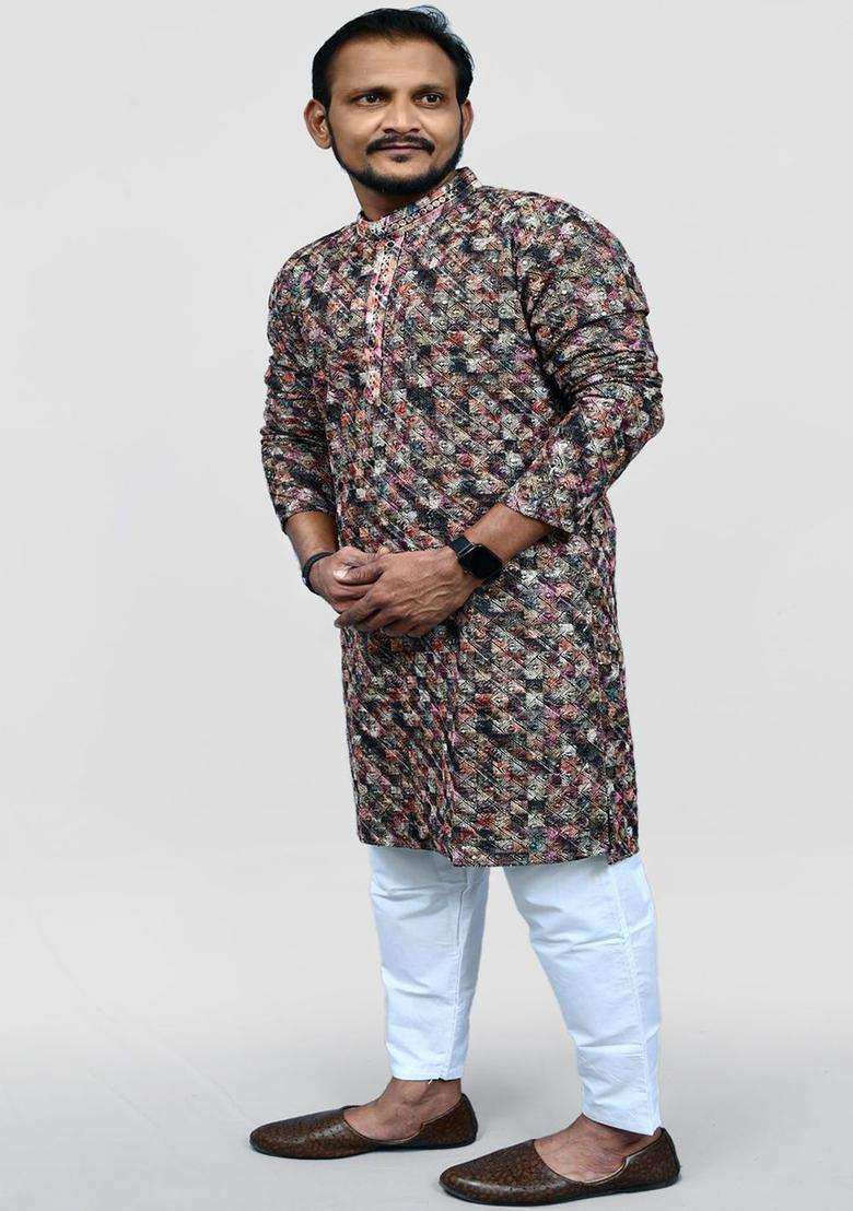 Red Embroidered Viscose Kurta Set For Men - Indya