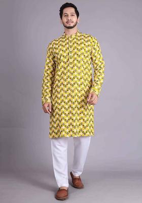 Yellow Embroidered Cotton Kurta Set For Men