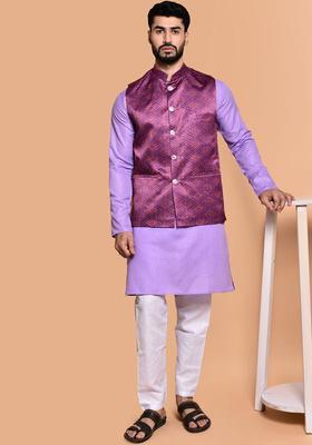 Lavender Solid Cotton Kurta Set For Men