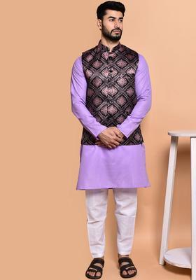 Lavender Solid Cotton Kurta Set For Men