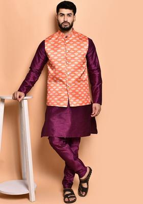 Purple Solid Silk Kurta Set For Men