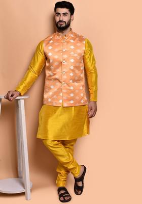 Yellow Solid Silk Kurta Set For Men