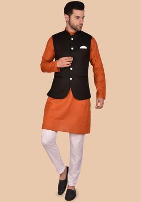 Orange Solid Cotton Kurta Set For Men