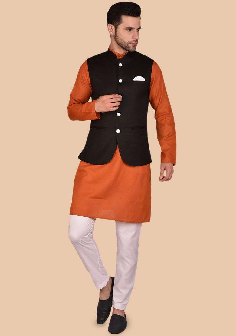 Orange Solid Cotton Kurta Set For Men - Indya