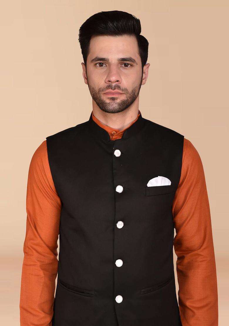 Orange Solid Cotton Kurta Set For Men - Indya