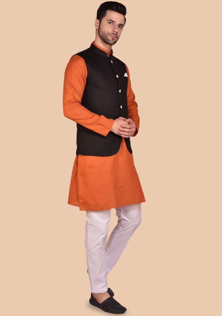 Orange Solid Cotton Kurta Set For Men - Indya