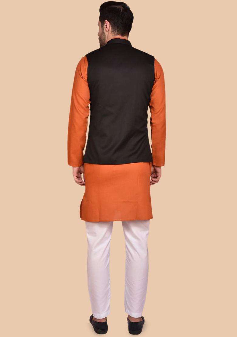 Orange Solid Cotton Kurta Set For Men - Indya