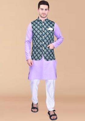Purple Solid Cotton Kurta Set For Men