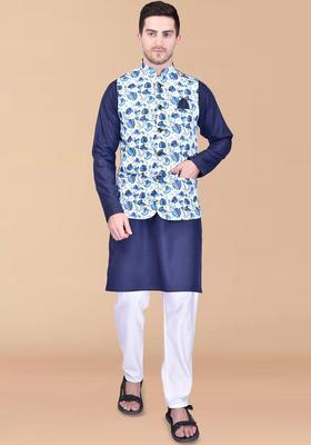 Navy Blue Solid Cotton Kurta Set For Men