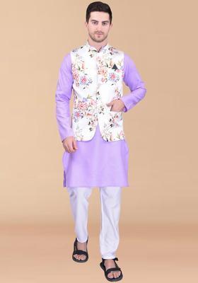 Purple Solid Cotton Kurta Set For Men