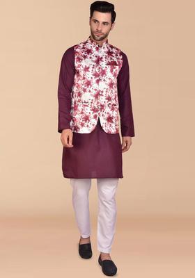 Purple Solid Cotton Kurta Set For Men
