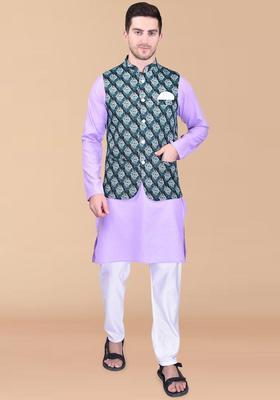 Lavender Solid Cotton Kurta Set For Men