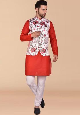 Red Solid Cotton Kurta Set For Men