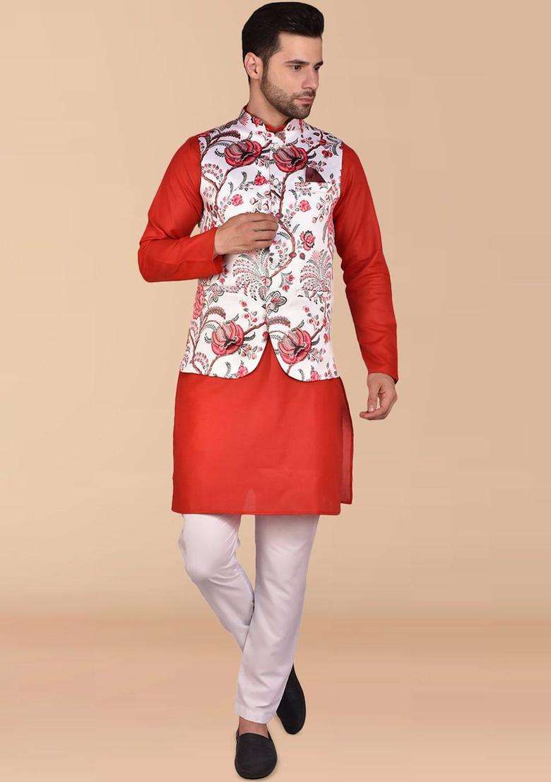 Red Solid Cotton Kurta Set For Men - Indya