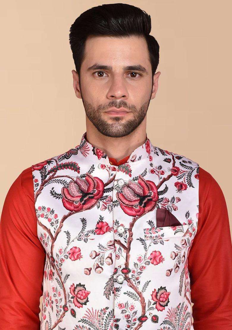 Red Solid Cotton Kurta Set For Men - Indya