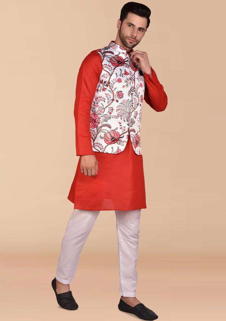 Red Solid Cotton Kurta Set For Men - Indya