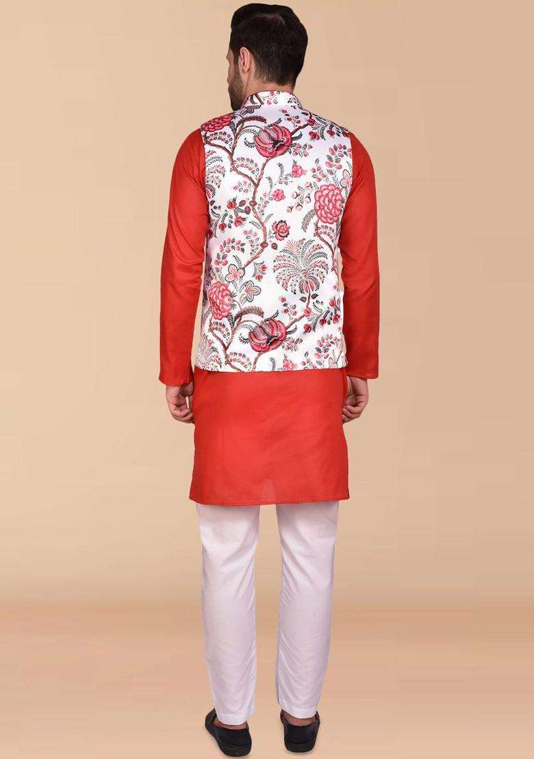 Red Solid Cotton Kurta Set For Men - Indya