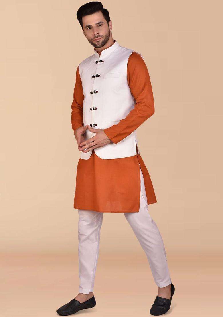 Red Solid Cotton Kurta Set For Men - Indya