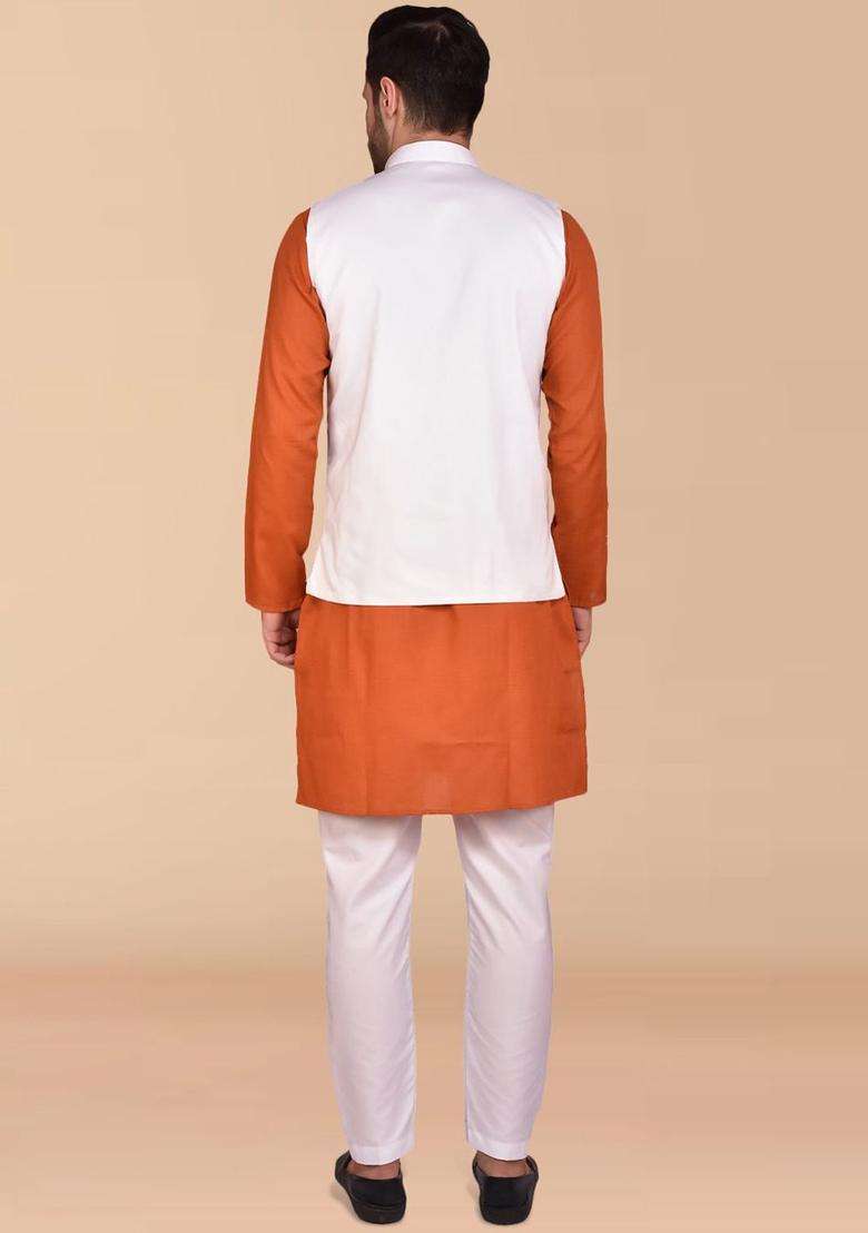 Red Solid Cotton Kurta Set For Men - Indya