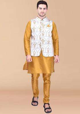 Gold Solid Silk Kurta Set For Men