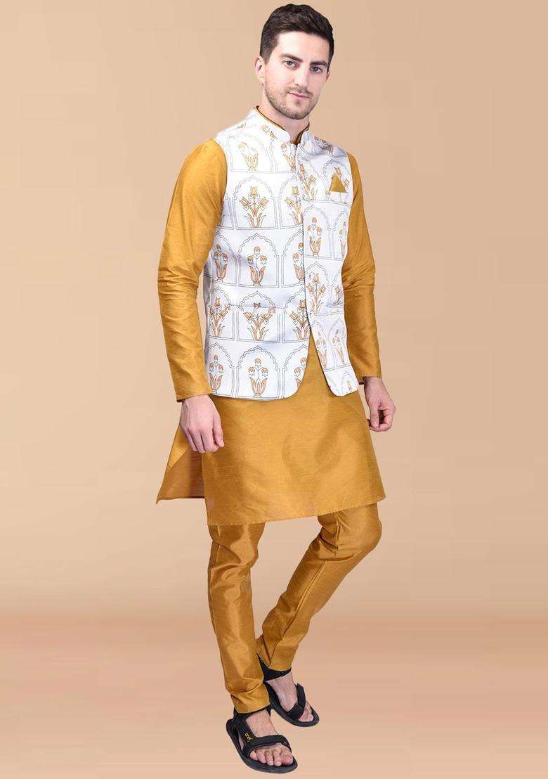 Gold Solid Silk Blend Kurta Set For Men - Indya