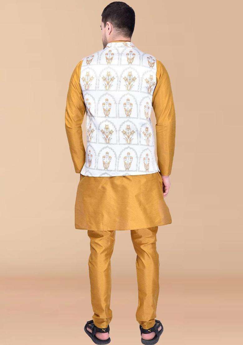 Gold Solid Silk Blend Kurta Set For Men - Indya