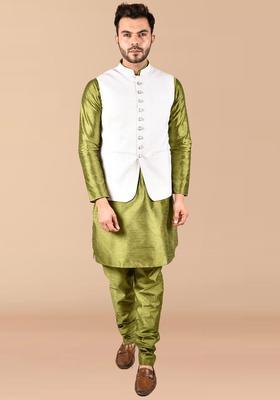 Green Solid Silk Kurta Set For Men