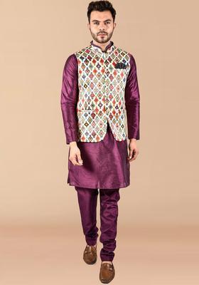 Purple Solid Silk Kurta Set For Men